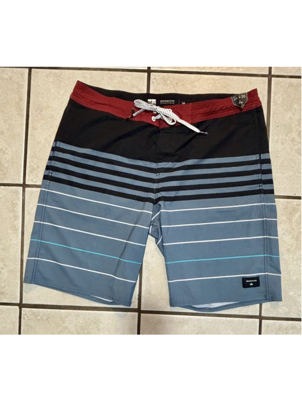 O'Neill Board Shorts, Mens 34, Polyester, 1 Pocket, Black Red White Blue Stripe